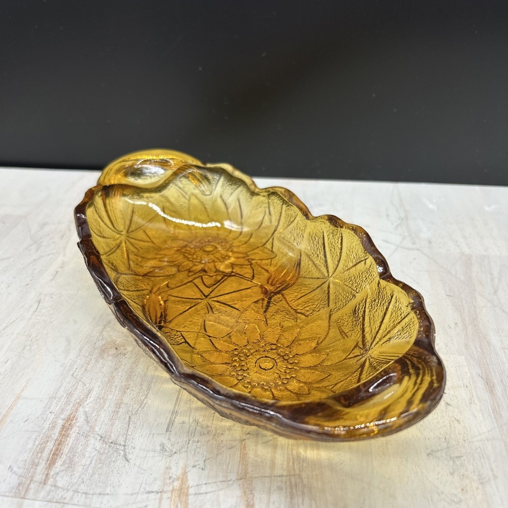 Vintage Carnival Glass Amber Gold Sunflower Relish Candy Dish 9"